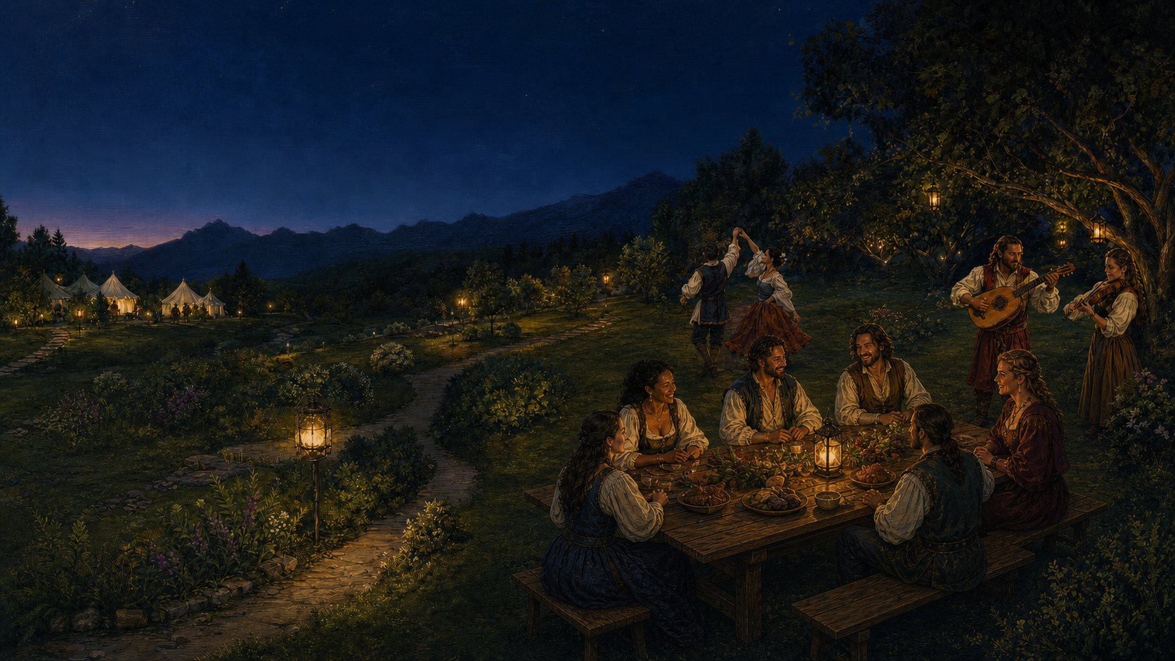 Ten costumed guests dining, dancing, and playing music in a spacious lantern-lit garden beneath the Colorado foothills.
